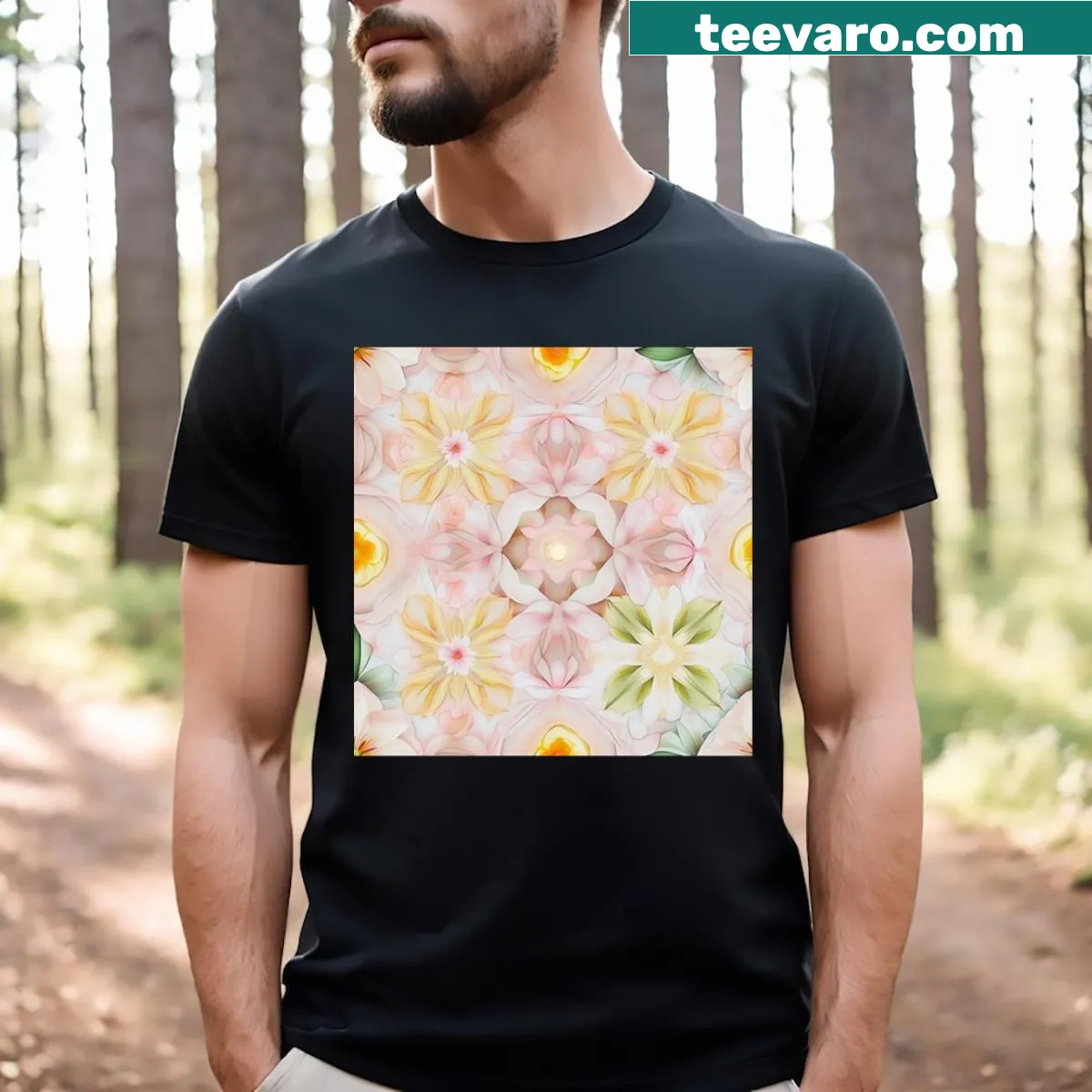 Mandala design featuring cherry blossoms and tulips on a T-shirt. — on a men's t-shirt