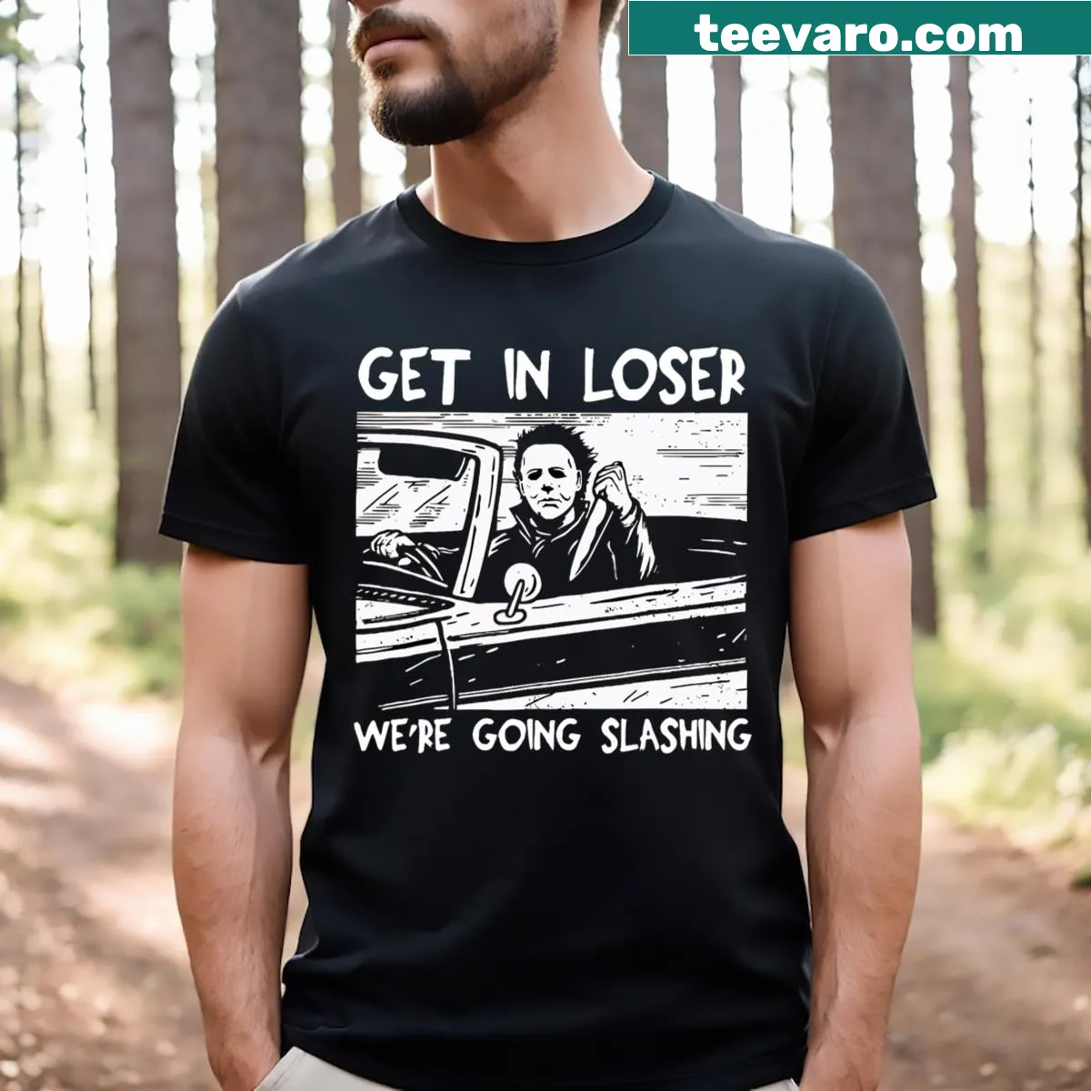 Edgy cartoon T-shirt with a slasher movie theme for Halloween — on a men's t-shirt