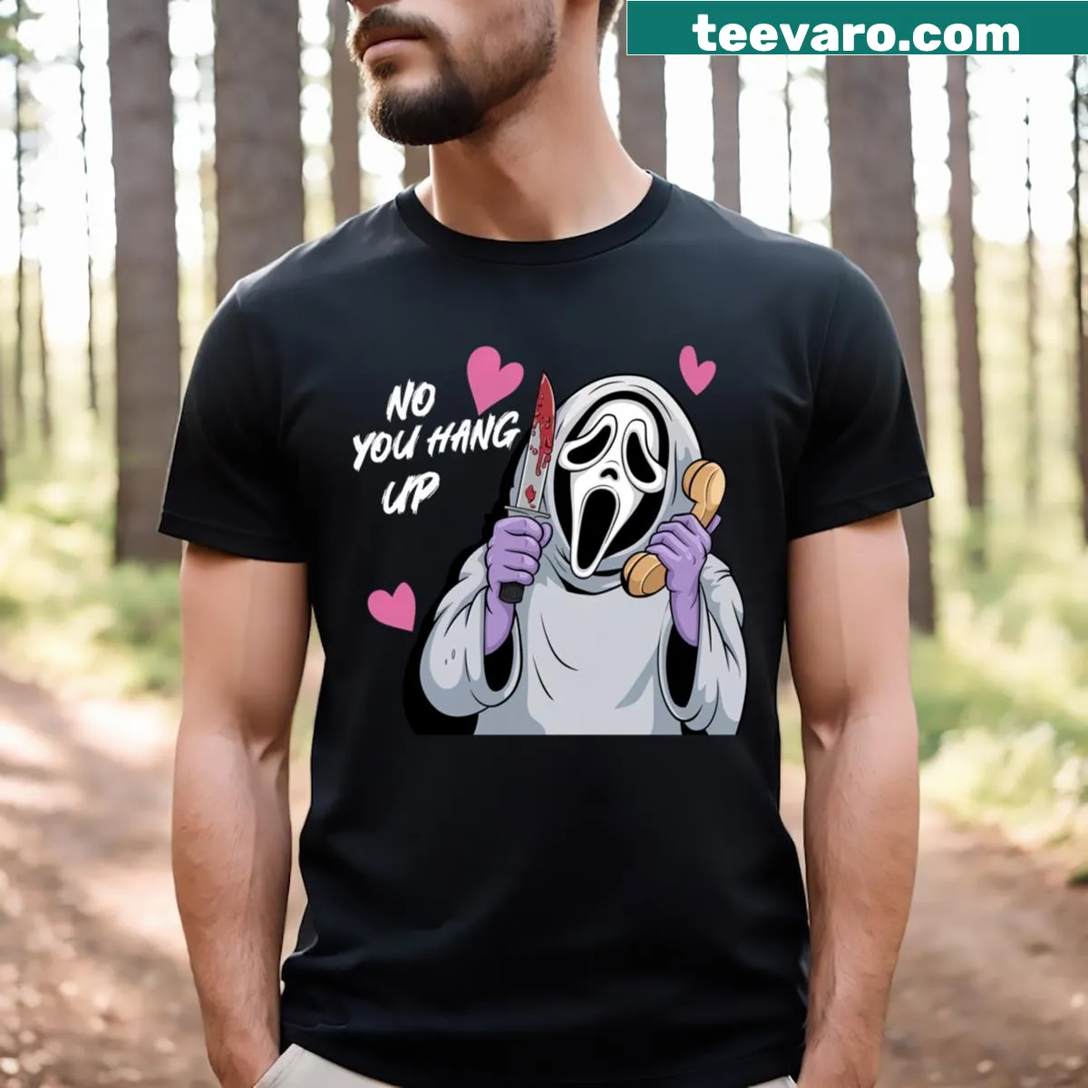 Ghostface T-shirt with humorous quote No You Hang Up — on a men's t-shirt
