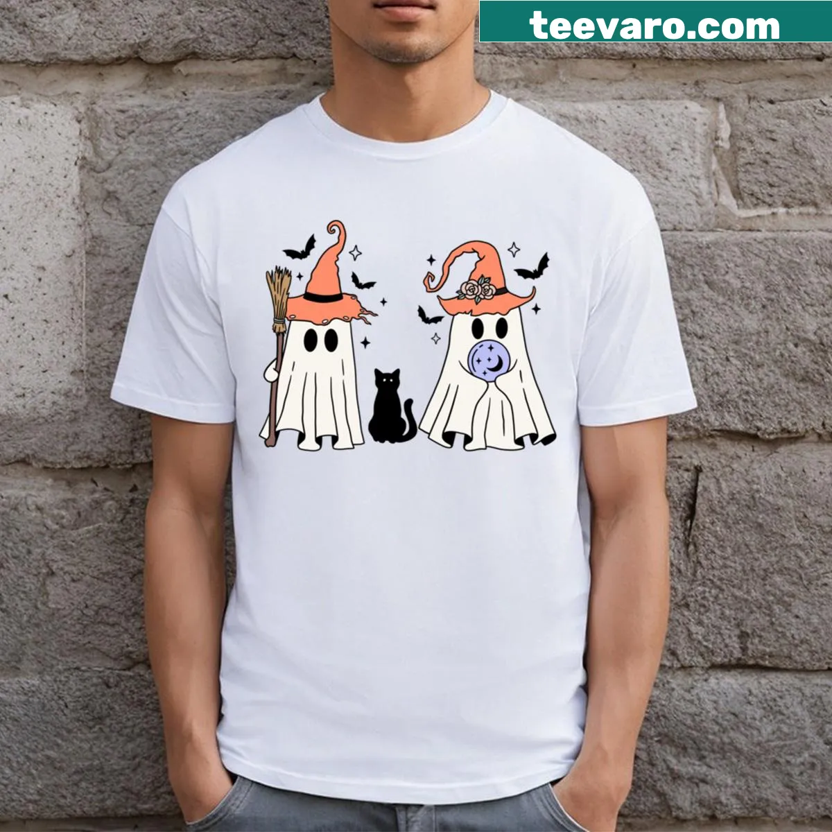 Charming T-shirt featuring friendly ghosts in a whimsical design — on a men's t-shirt