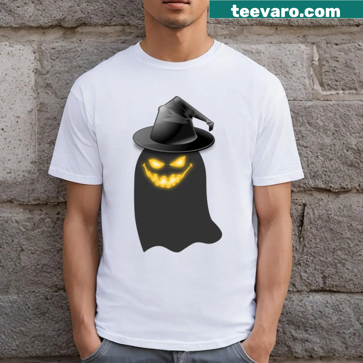 Whimsical Halloween Ghost graphic T-shirt — on a men's t-shirt