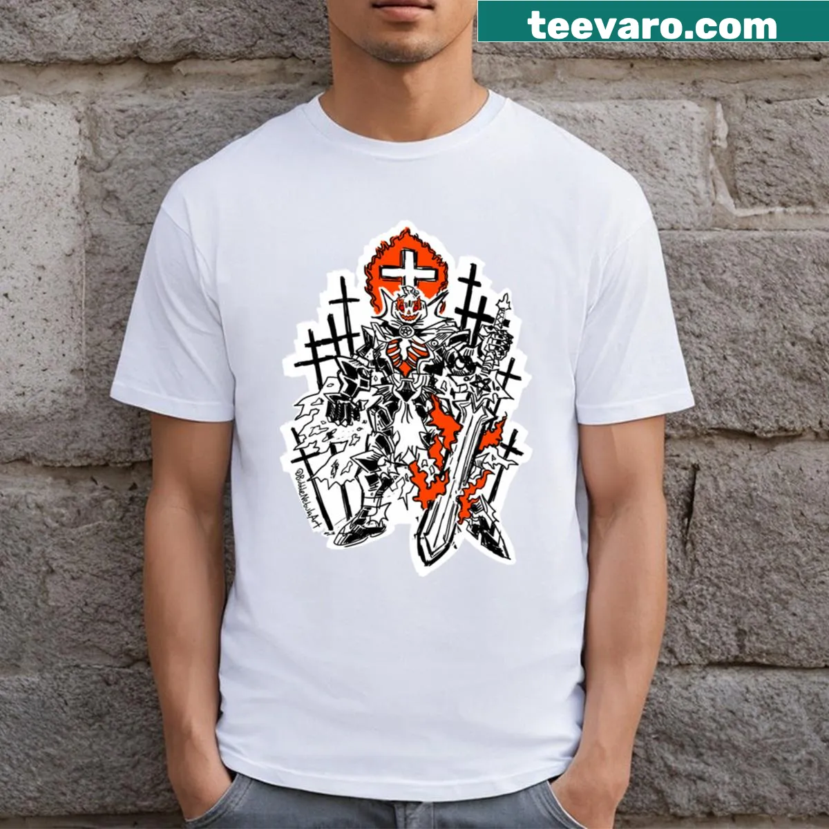 Black and white Halloween knight graphic T-shirt. — on a men's t-shirt