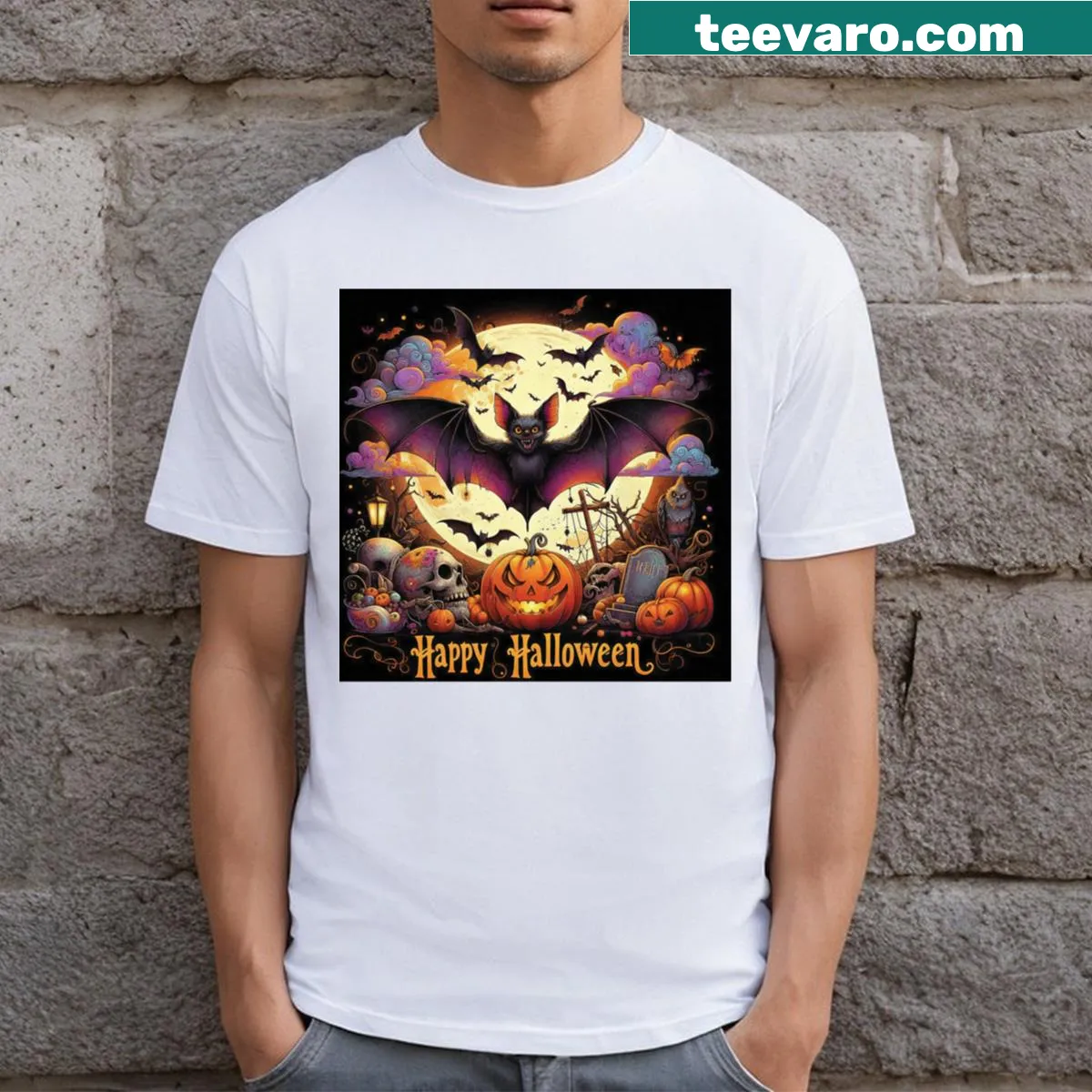 Comfortable Halloween-themed long T-shirt with festive graphics. — on a men's t-shirt