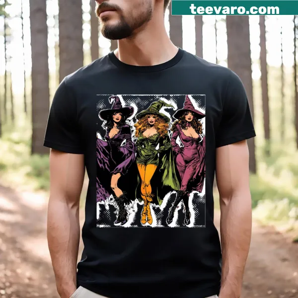 Charming Halloween Witches T-shirt featuring playful illustrations.
