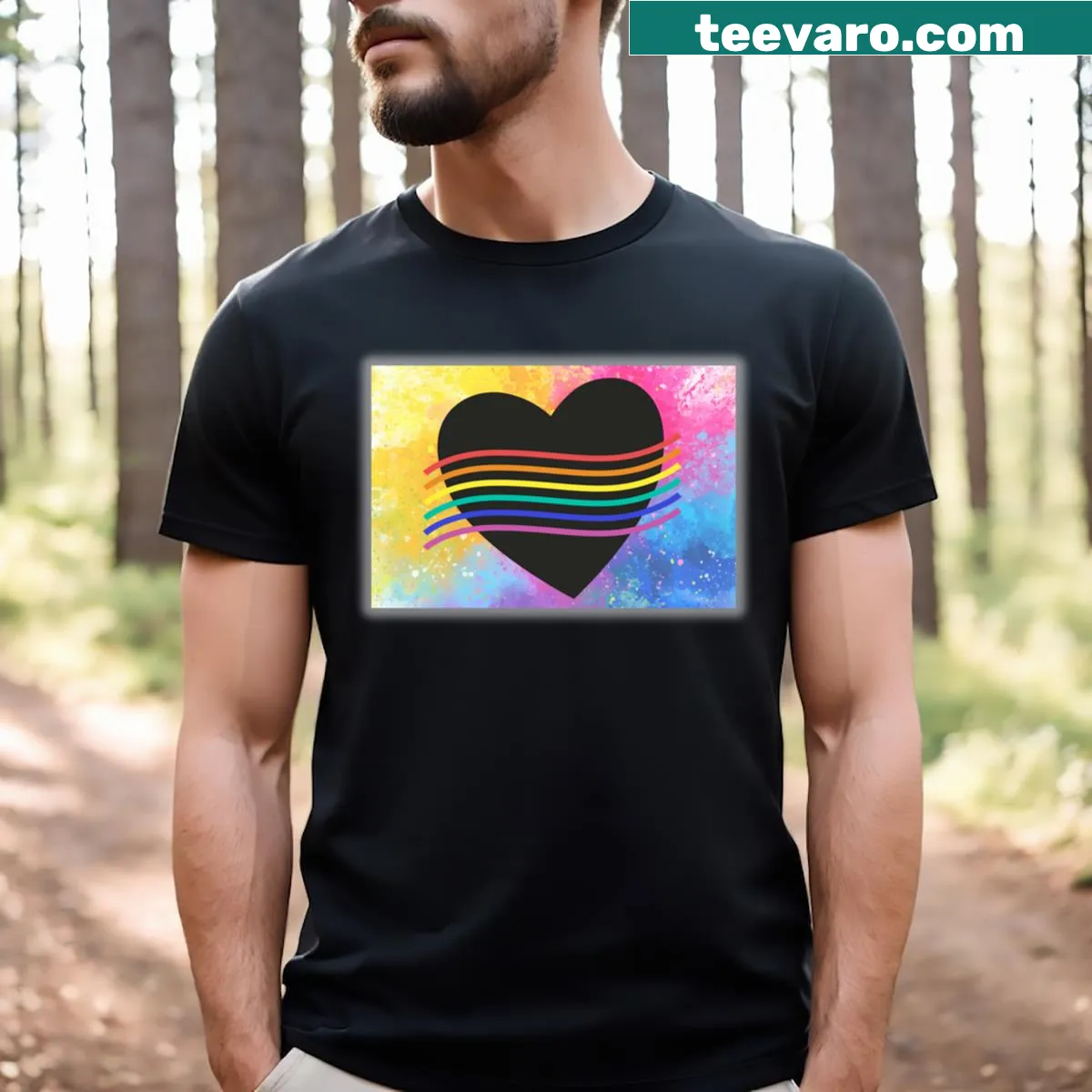 T-shirt featuring a design of waves and hearts symbolizing pride — on a men's t-shirt