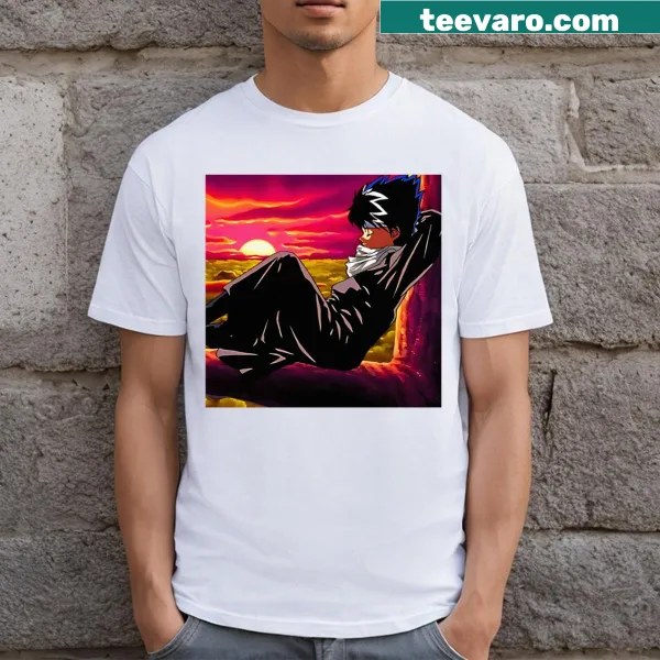 Hiei from Yu Yu Hakusho graphic T-shirt with sunset scene