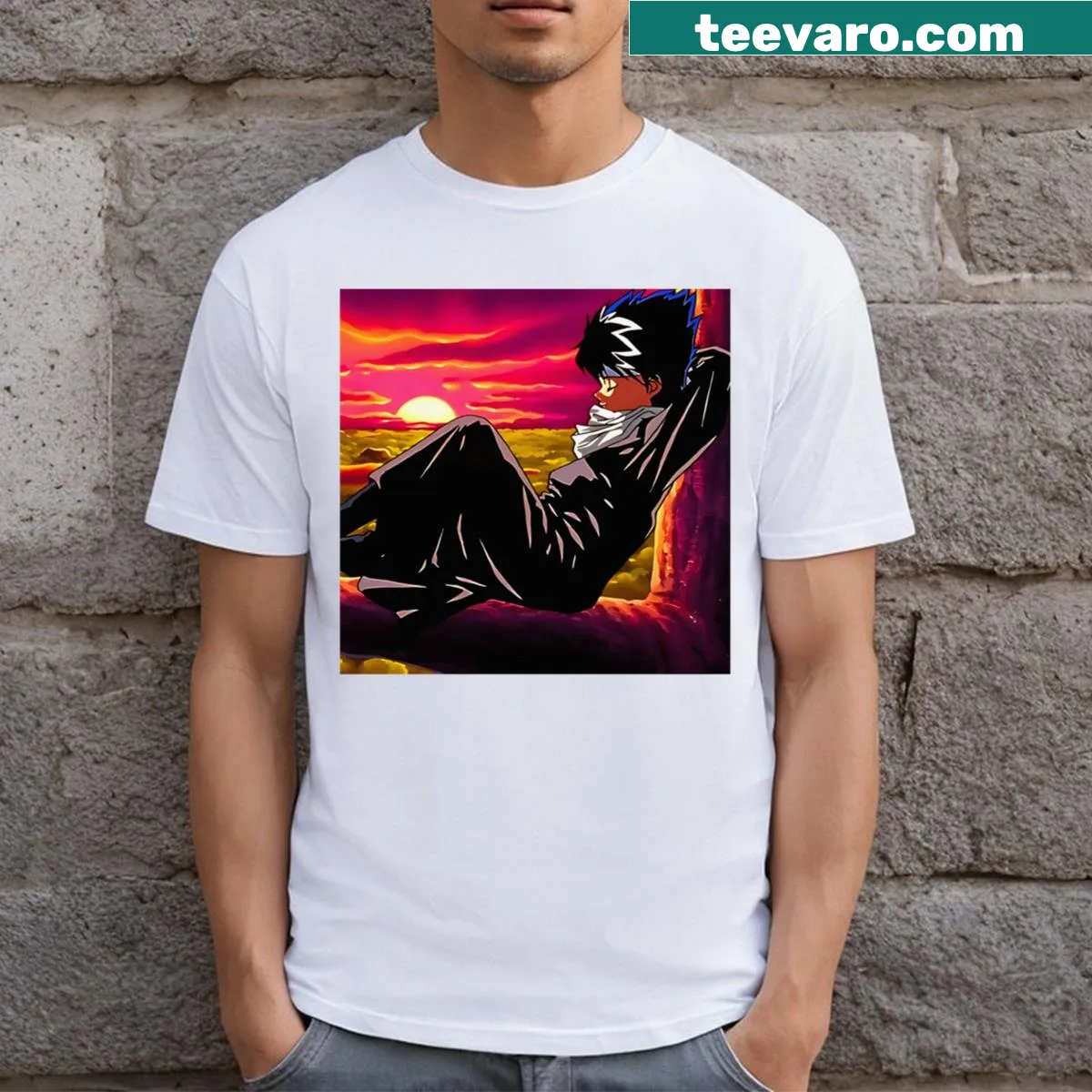 Hiei from Yu Yu Hakusho graphic T-shirt with sunset scene — on a men's t-shirt