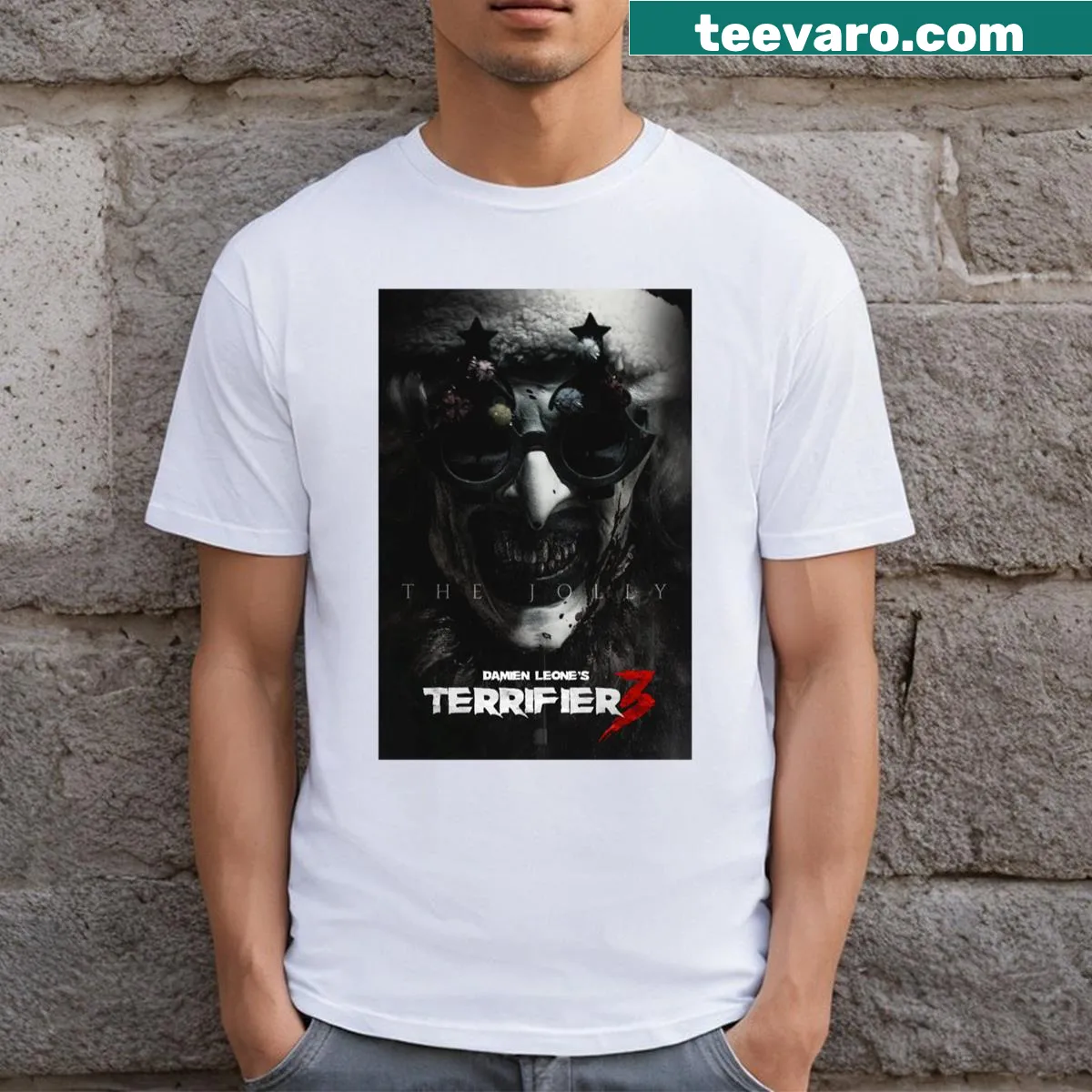 Graphic T-shirt featuring a character from Terrifier 3 horror movie — on a men's t-shirt