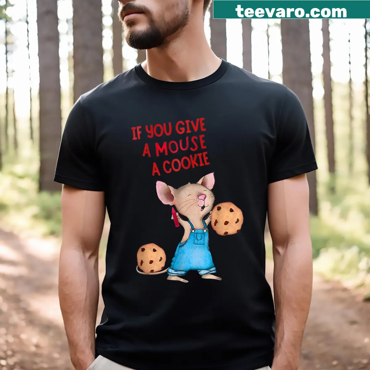 Whimsical t-shirt featuring a mouse and cookie design — on a men's t-shirt