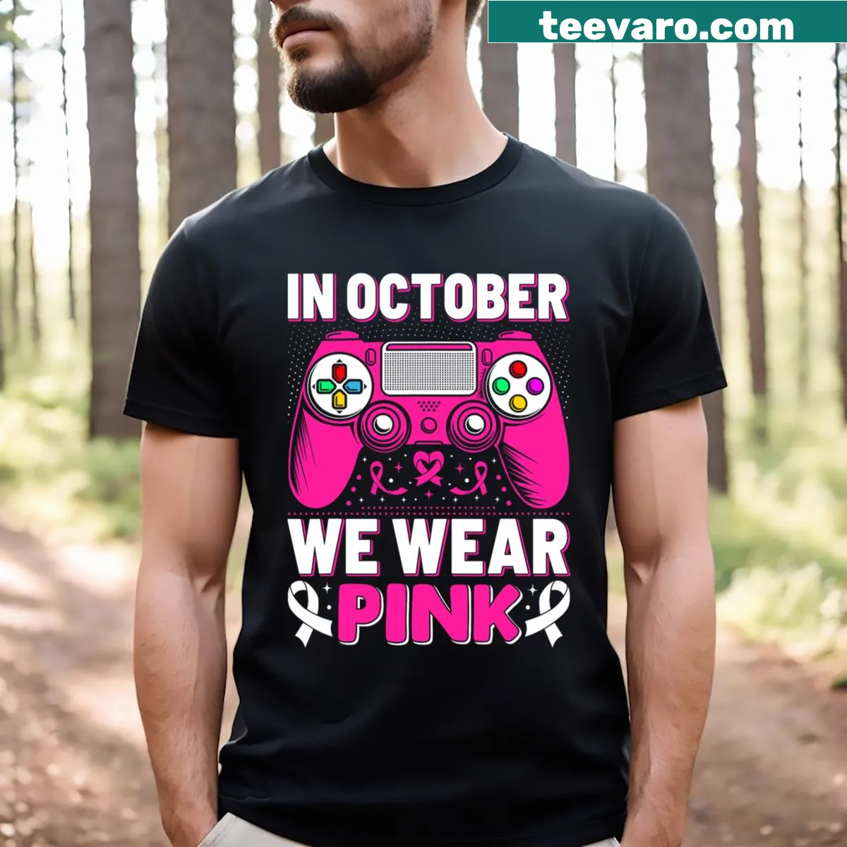 Pink Breast Cancer awareness gaming t-shirt for kids with typography — on a men's t-shirt