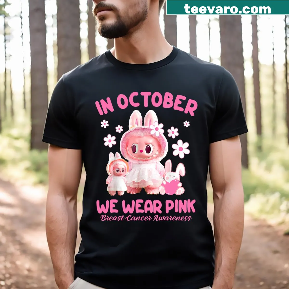 Breast cancer awareness shirt with text 'In October We Wear Pink' — on a men's t-shirt