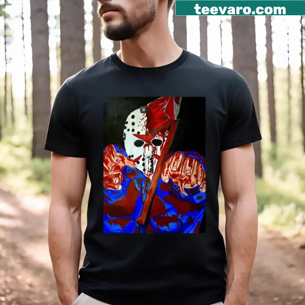 T-shirt featuring graphic inspired by Jason from horror films