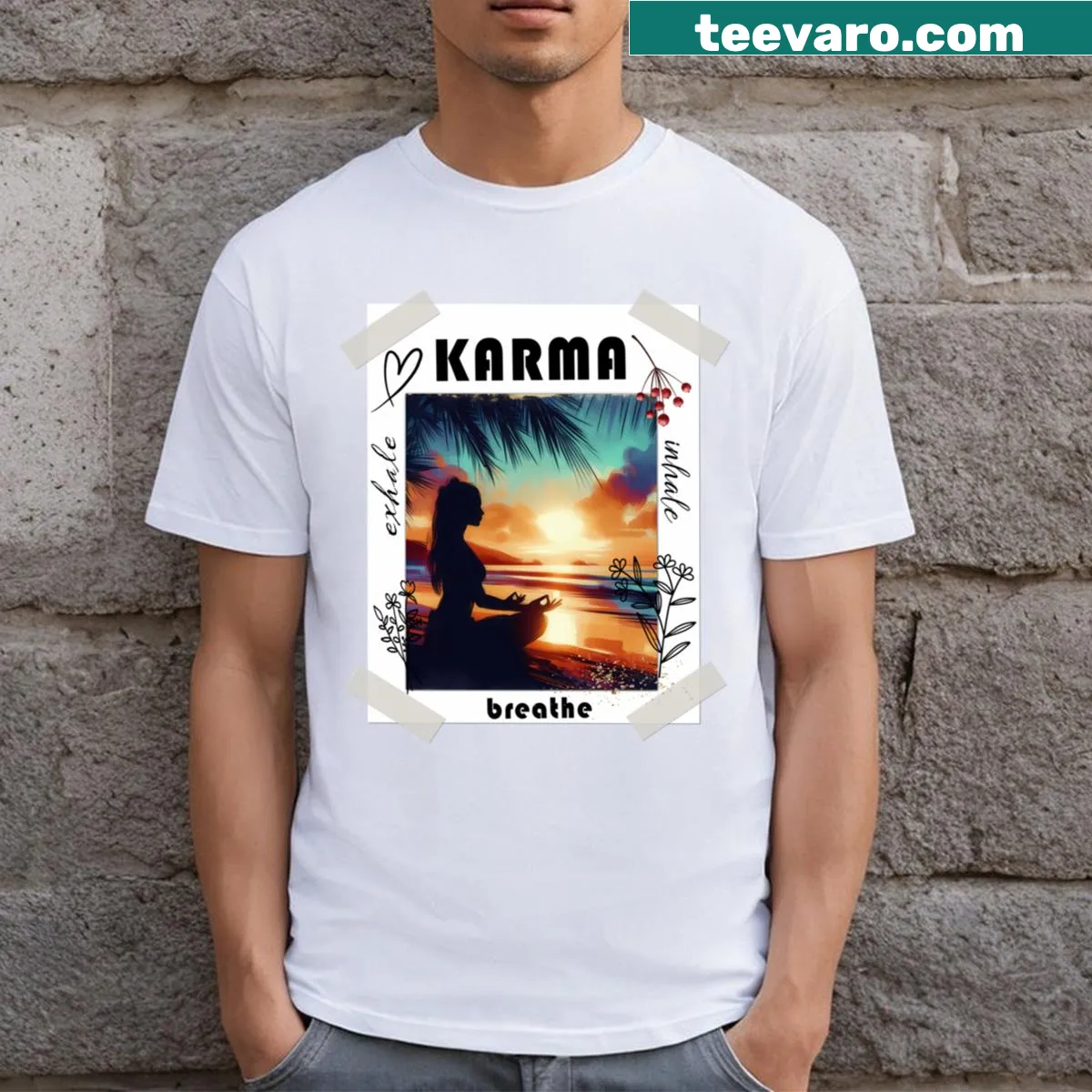 Mindful typography design on Karma Exhale Inhale T-shirt — on a men's t-shirt