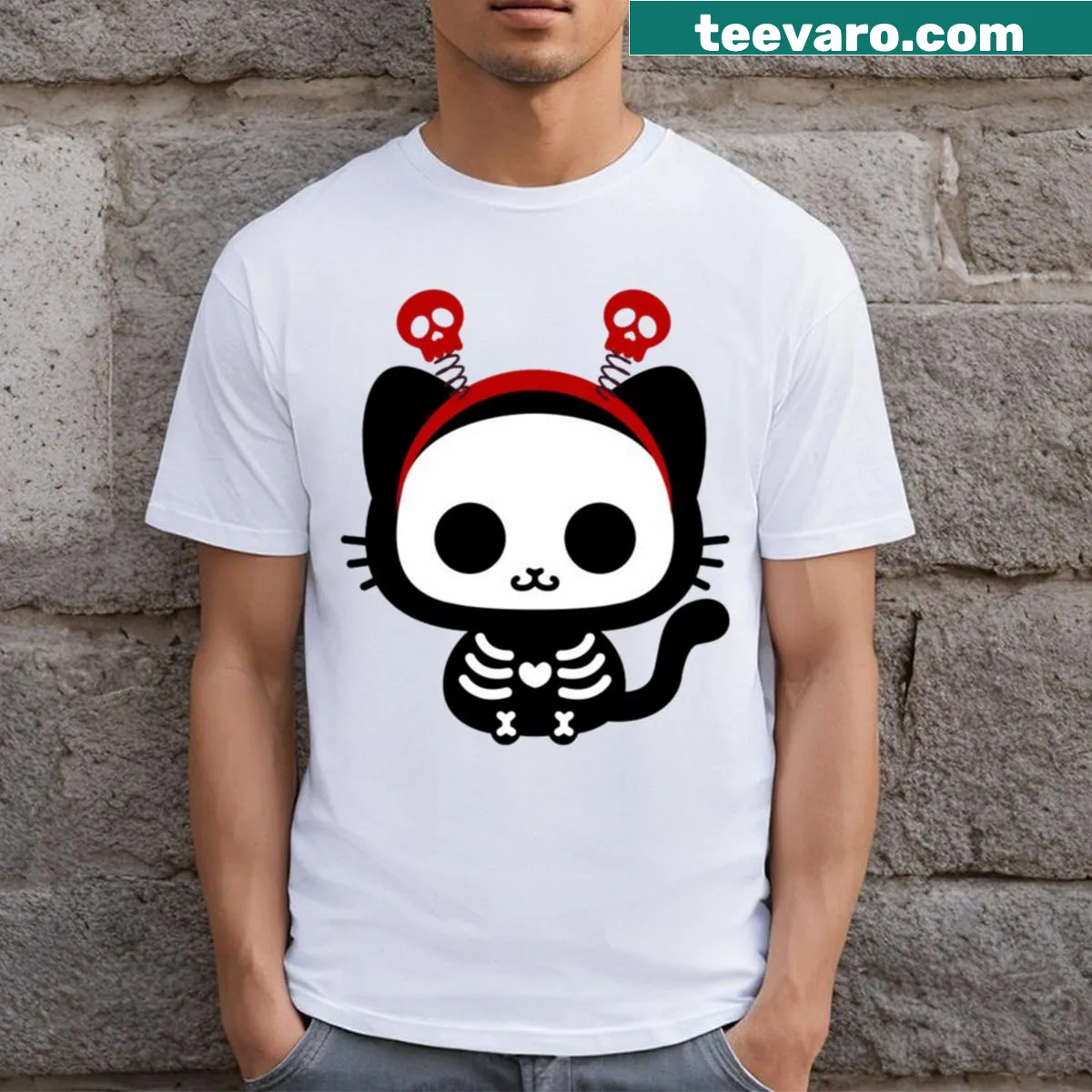 Illustration of a kitty skeleton for Halloween on a T-shirt — on a men's t-shirt