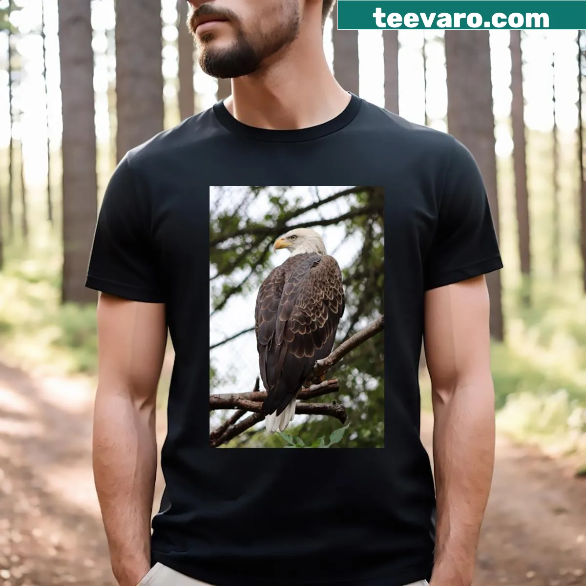 T-shirt featuring a realistic bald eagle perched on a branch — on a men's t-shirt