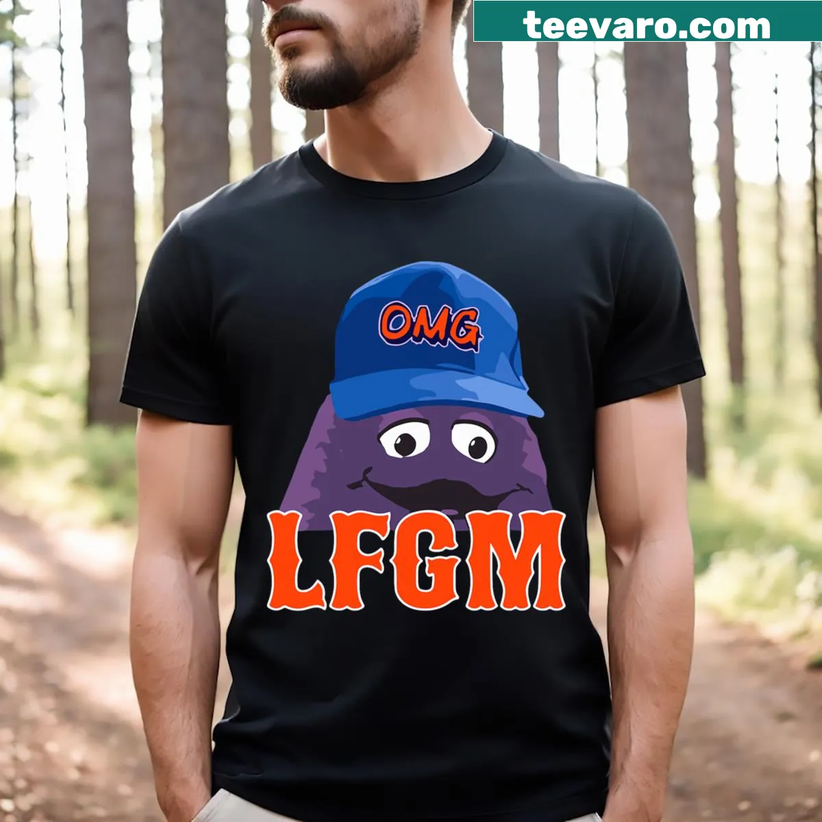 Funny typography T-shirt with Lfgm Grimace Omg text — on a men's t-shirt