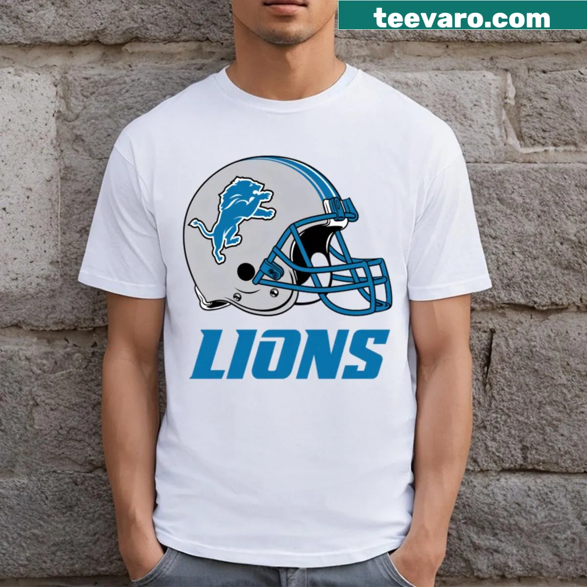 Football T-shirt featuring the Lions logo — on a men's t-shirt
