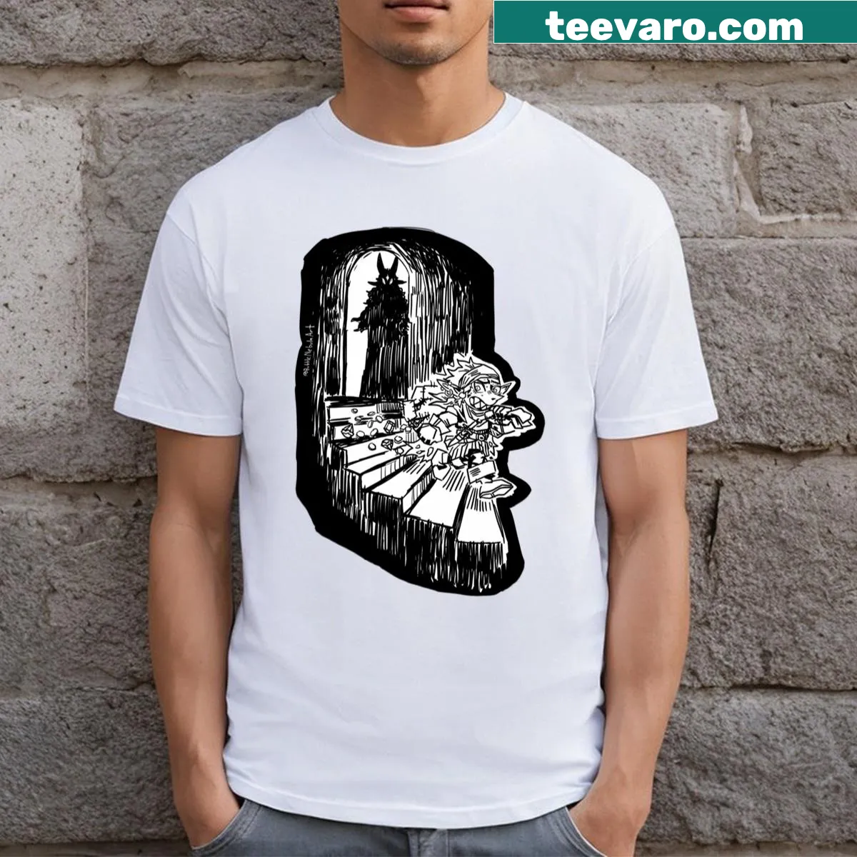 Illustration of a whimsical mage tower for a fantasy-themed T-shirt — on a men's t-shirt