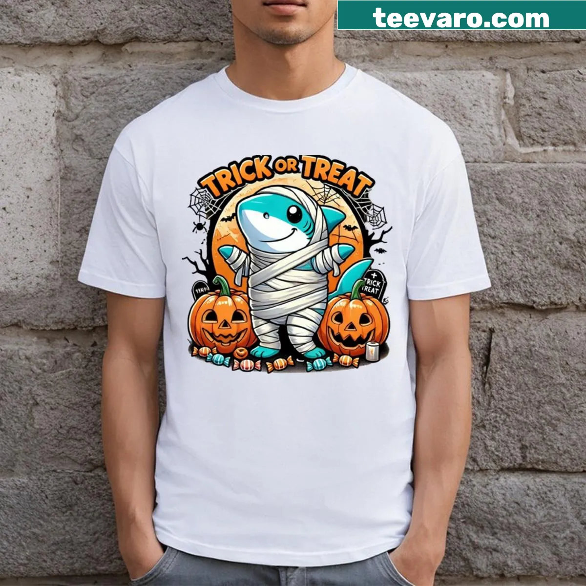 Funny illustration of a mummy shark on a Halloween T-shirt — on a men's t-shirt