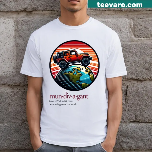 Travel-themed Mundivagant t-shirt with exploration-inspired text