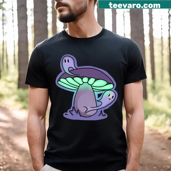 Illustrated T-shirt with playful mushroom ghosts design.