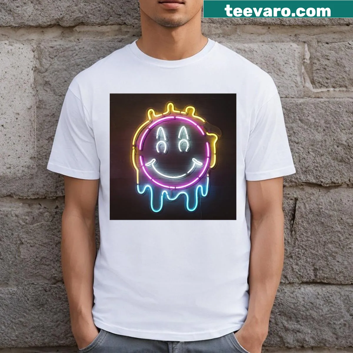 T-shirt featuring a playful melting smiley face design. — on a men's t-shirt