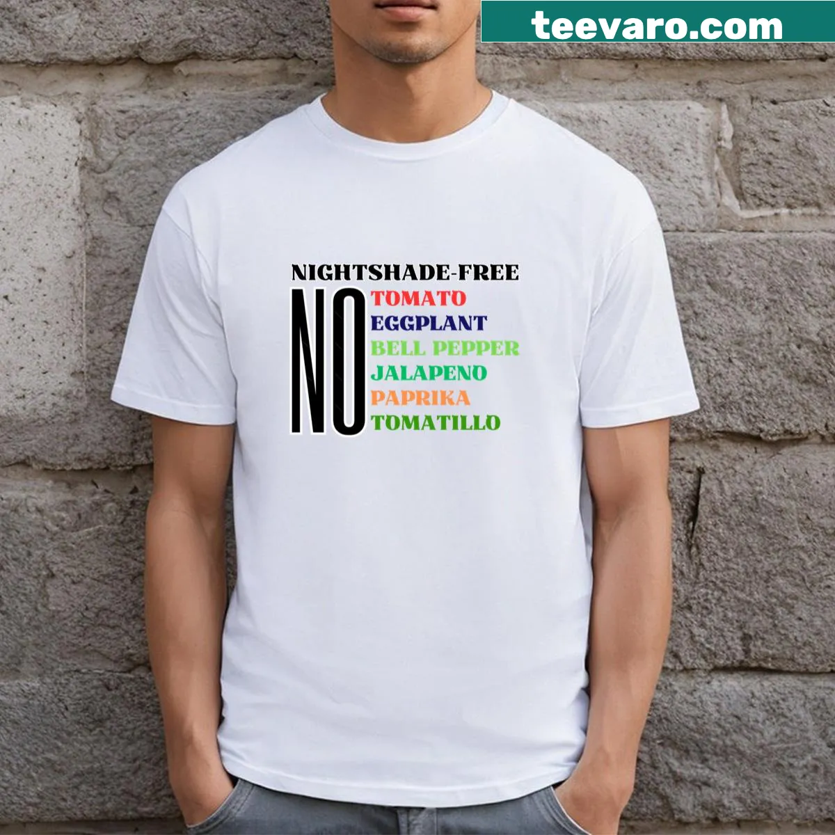 Funny No Nightshades List t-shirt with humorous dietary message — on a men's t-shirt