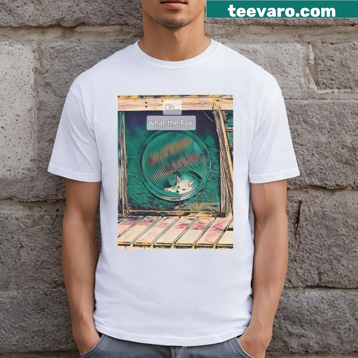 Playful Ohwhat The Fox t-shirt with charming fox illustration — on a men's t-shirt