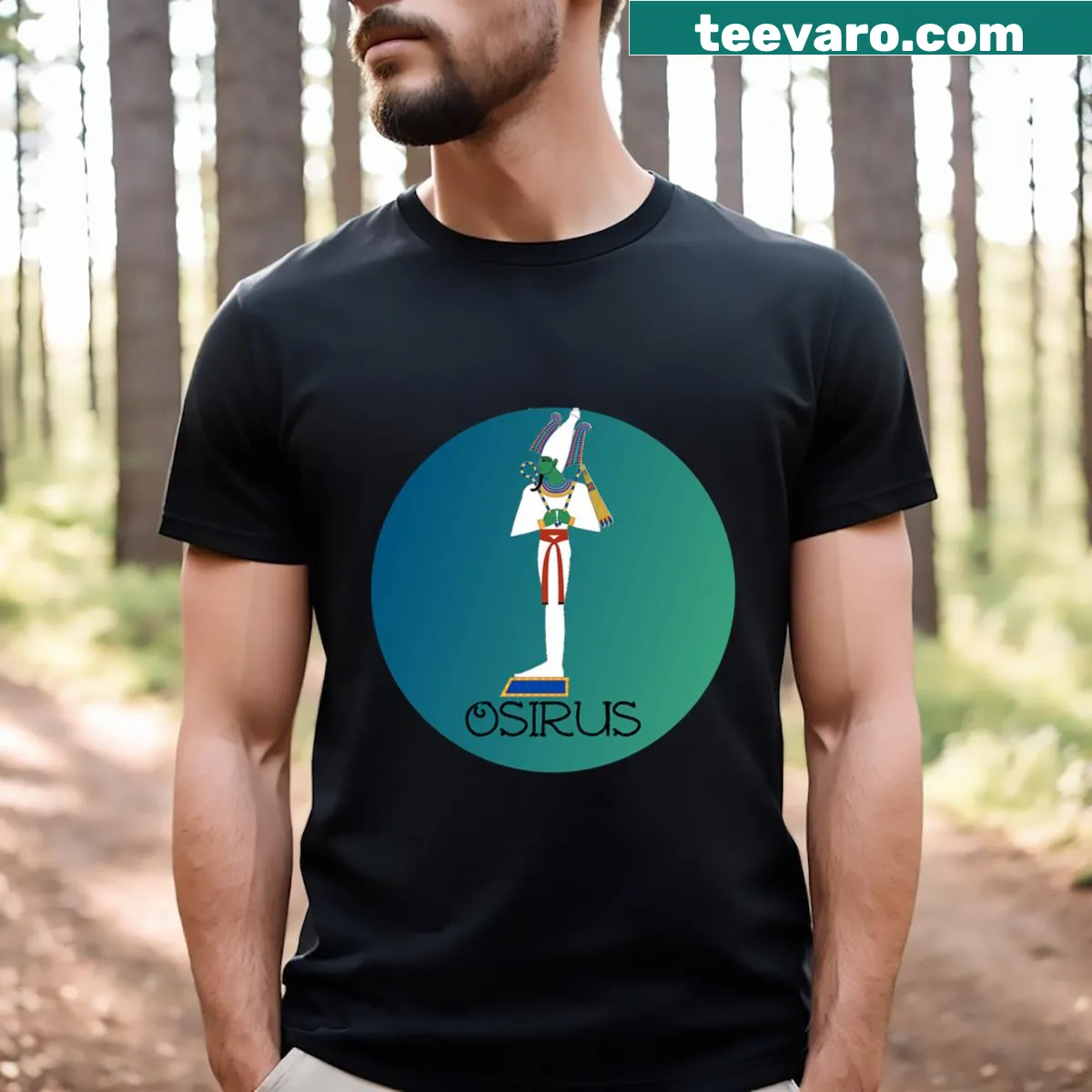 Osirus t-shirt featuring graphic of Egyptian god Osiris — on a men's t-shirt
