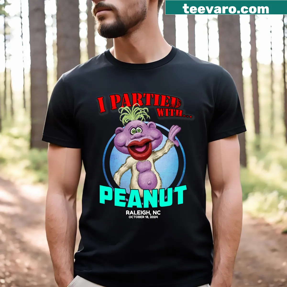 Fun Peanut-themed Raleigh NC 2024 T-shirt with playful text — on a men's t-shirt