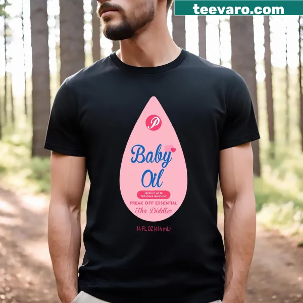 Humorous baby oil bottle graphic on Halloween T-shirt