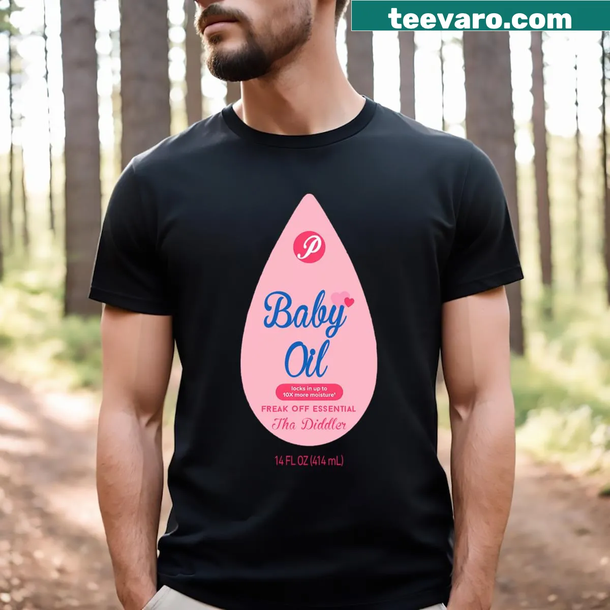 Humorous baby oil bottle graphic on Halloween T-shirt — on a men's t-shirt