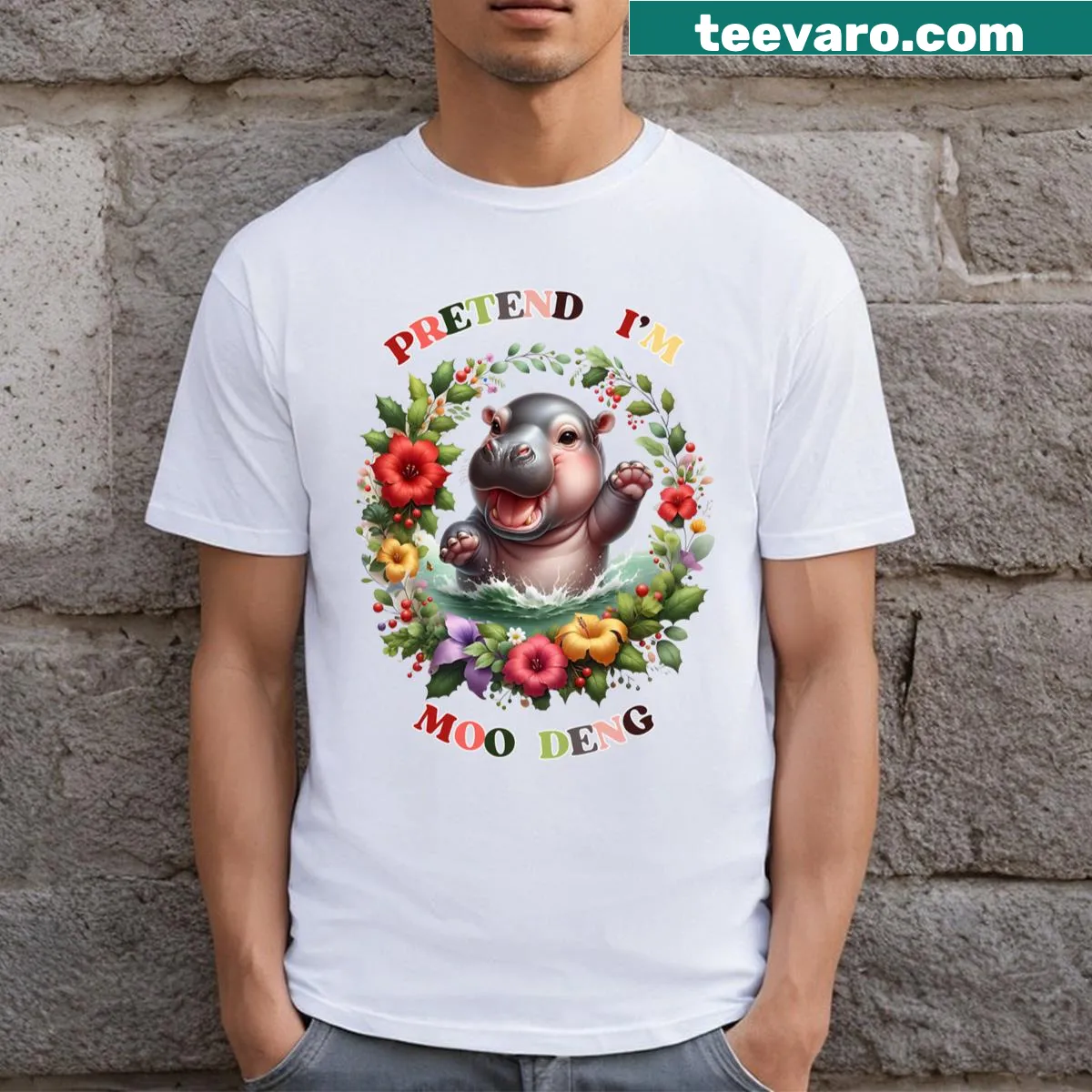 Cute hippo illustration on a shirt with a playful expression — on a men's t-shirt