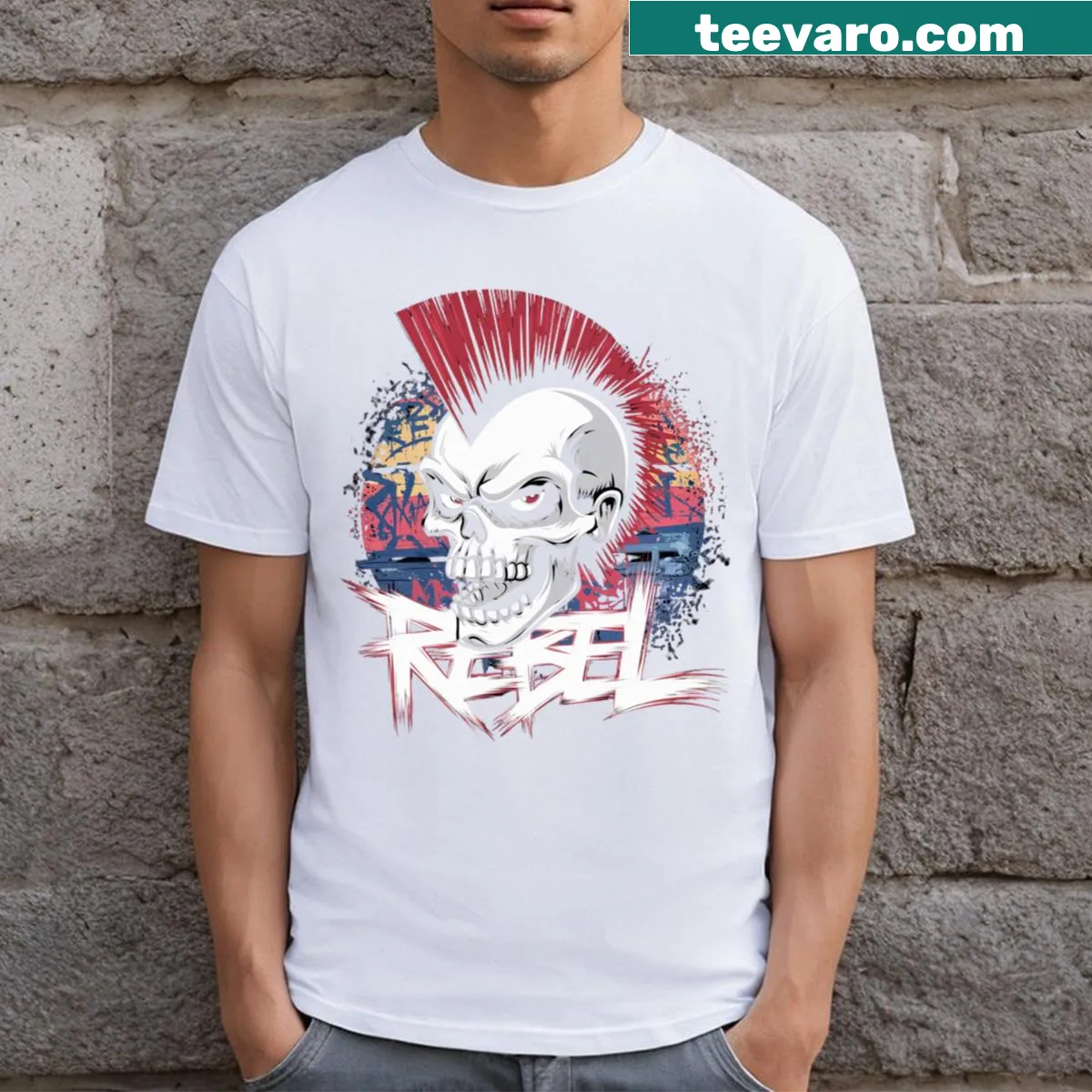 Punk Skull illustration with red mohawk on a T-shirt — on a men's t-shirt