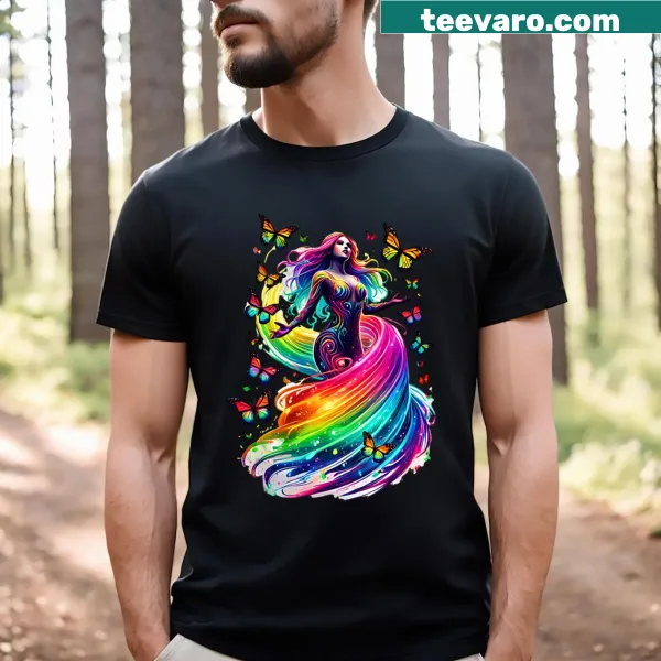 Illustration of a Rainbow Goddess with butterflies on a T-shirt