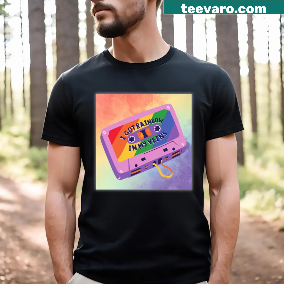 T-shirt with a rainbow mixtape graphic celebrating pride — on a men's t-shirt