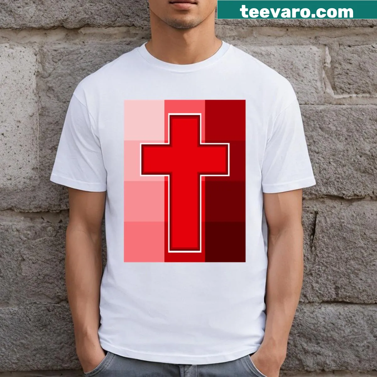 Red Cross emblem T-shirt symbolizing humanitarian aid and support — on a men's t-shirt