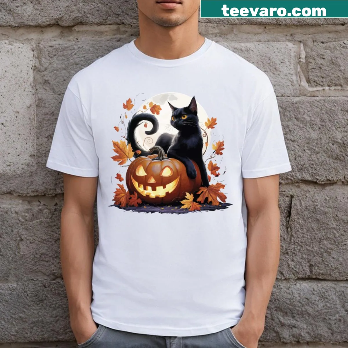 Retro illustration of a black cat on Halloween t-shirt — on a men's t-shirt