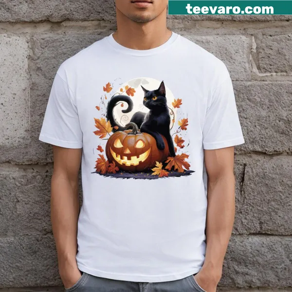 Cute black cat and moon illustration on Halloween t-shirt
