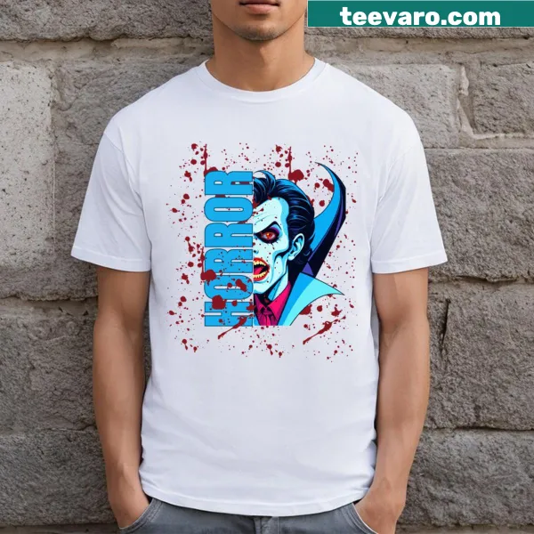 Quirky vampire illustration on Retro Horror t-shirt