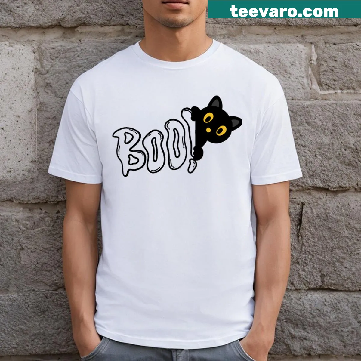 Whimsical cat illustration on Retro Horror Boo! t-shirt — on a men's t-shirt