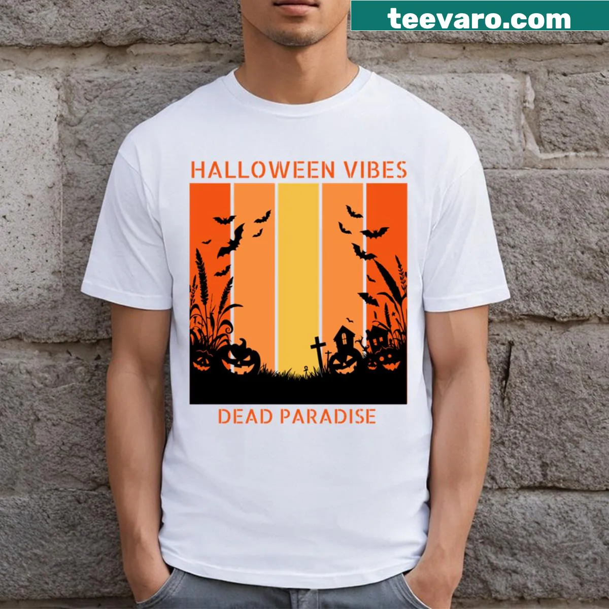 Retro Halloween-themed t-shirt with a spooky design — on a men's t-shirt