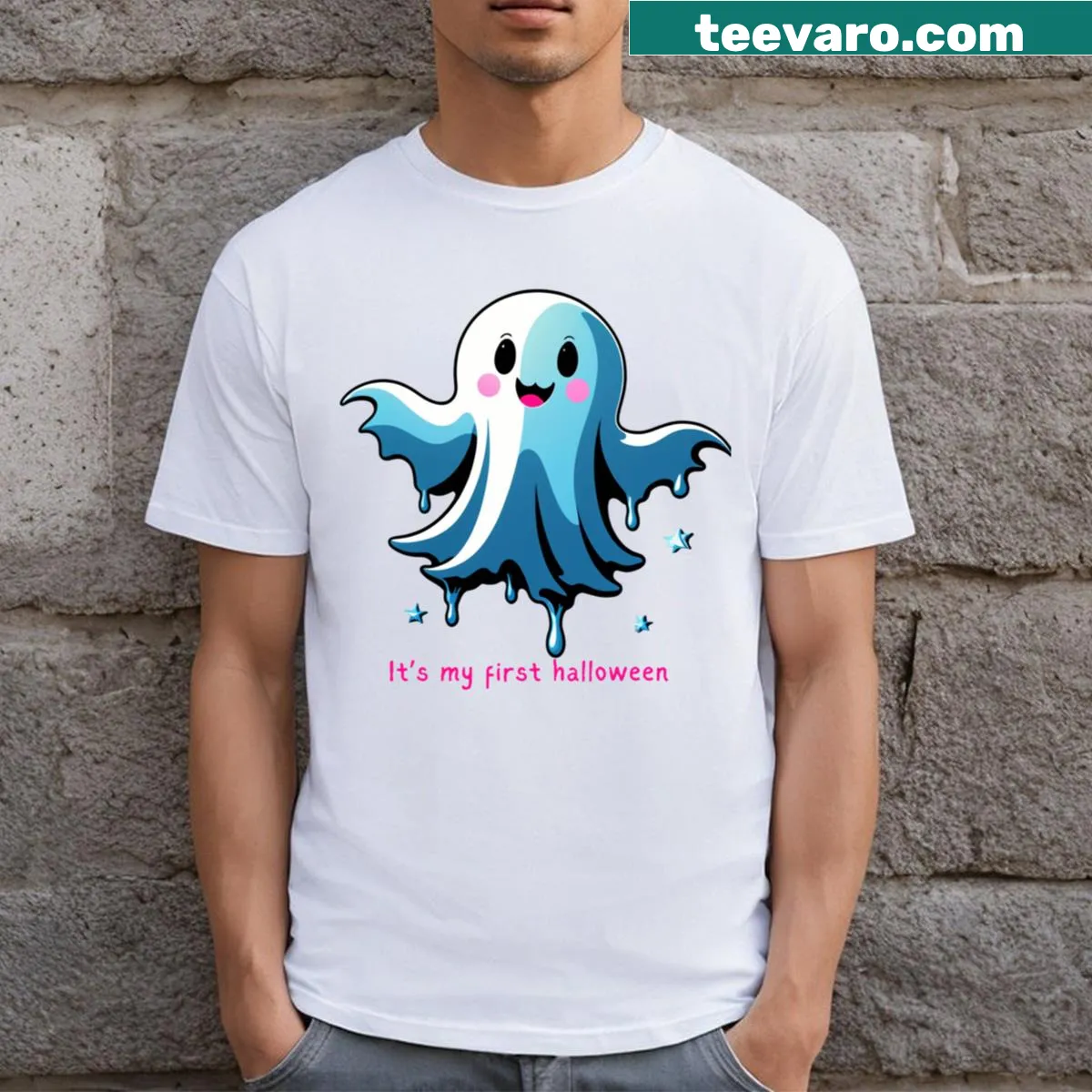 Essential Halloween t-shirt featuring a ghost graphic — on a men's t-shirt