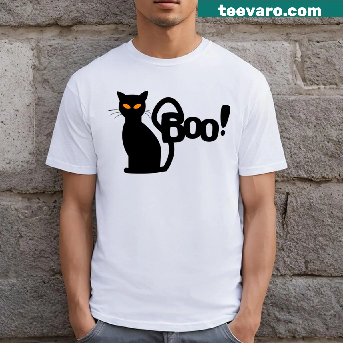 Cartoon scary cat graphic with 'Boo!' text on a Halloween T-shirt — on a men's t-shirt