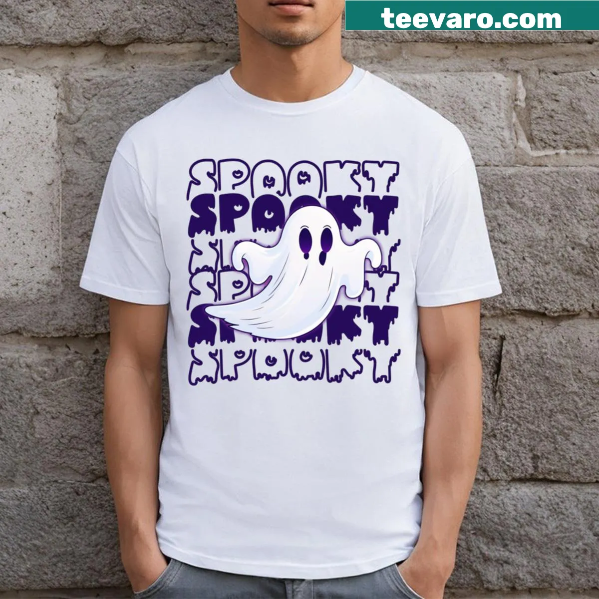 Essential Halloween t-shirt with a whimsical ghost design — on a men's t-shirt