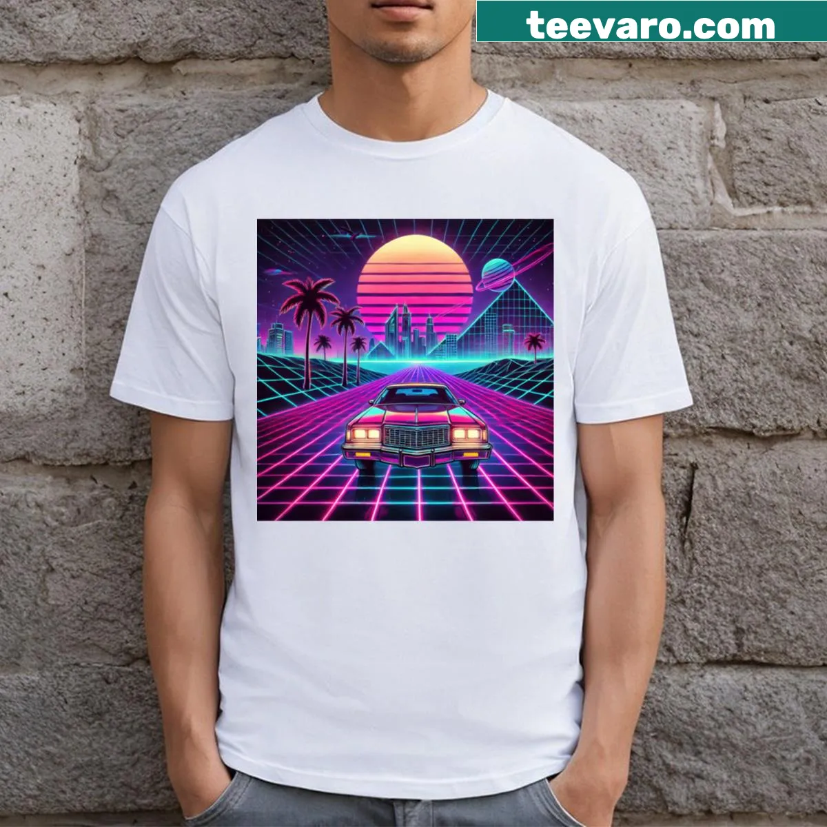 Retro t-shirt with a neon car and grid road illustration — on a men's t-shirt