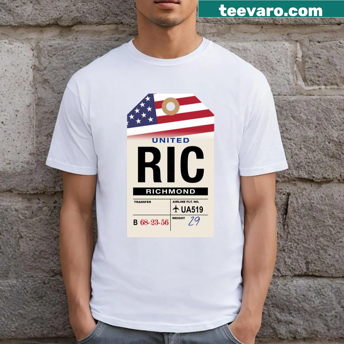 Vintage airline luggage tag design for Richmond, Virginia — on a men's t-shirt