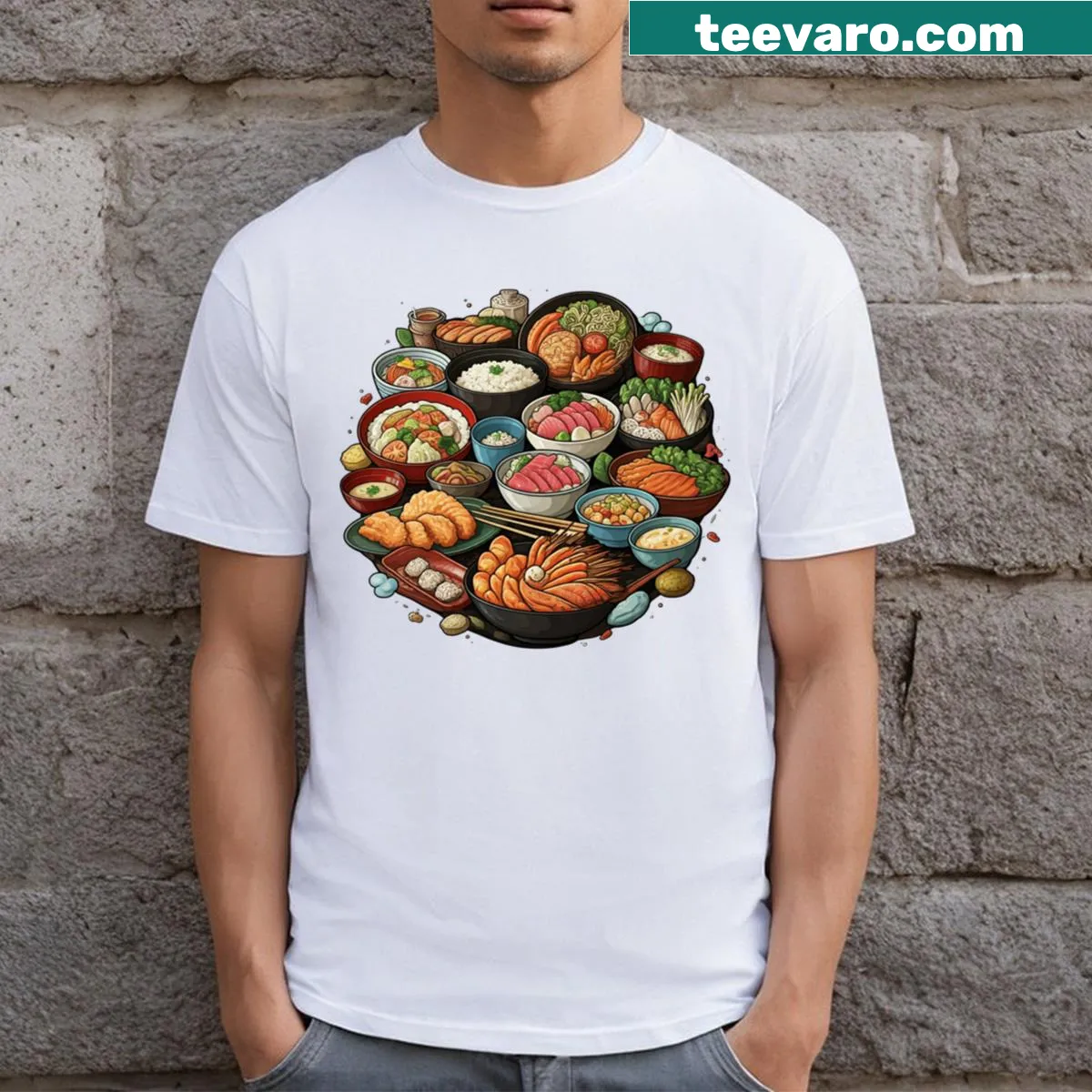 Playful graphic T-shirt featuring sashimi design — on a men's t-shirt