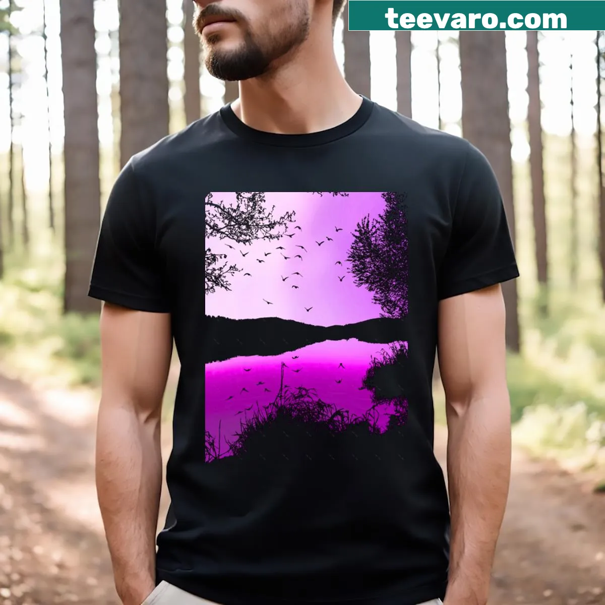 Serene tree silhouette reflecting birds on a pond t-shirt — on a men's t-shirt