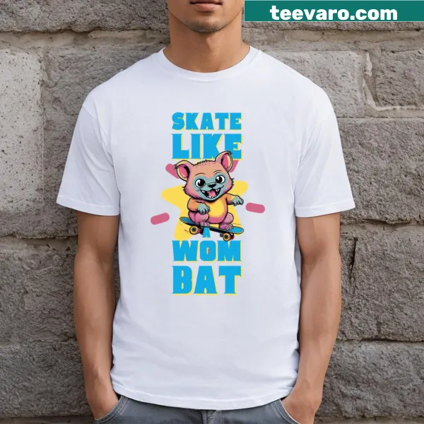 Cartoon wombat skating featured on a fun t-shirt